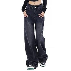LONGYIDA Baggy Jeans für Damen Y2K Stretch Hohe Taille Gerade Weite Bein Denim Jeans Casual Boyfriend Jeans, Schwarz, Groß von LONGYIDA