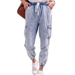 LONGYIDA Jeans-Jogginghose für Damen, hohe Taille, Kordelzug, elastische Taille, Stretch-Denim-Hose - Blau - 3X-Groß von LONGYIDA