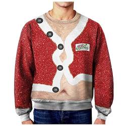 LONLY Herren 3D Druck Langarm Taschen Sweatshirt Pullover Weihnachtspullover Hässliches Lustige Sexy Weihnachten O-Ausschnitt Winter Sweatshirt Rot Lange Ärmel Shirt Große Größe (Rot, XL) von LONLY