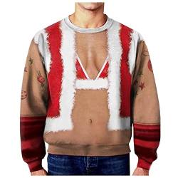 LONLY Herren 3D Druck Langarm Taschen Sweatshirt Pullover Weihnachtspullover Hässliches Lustige Sexy Weihnachten O-Ausschnitt Winter Sweatshirt Rot Lange Ärmel Shirt Große Größe (Weiß, XL) von LONLY