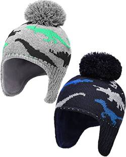 2 Stücke Junge Winter Mütze Baby Strickmütze Kleinkind Winter Mützen mit Ohrenklappe Säugling Dinosaurier Strickmütze Neugeborene Warme Vlies Gefüttert Schnee Ski Kappe von LONSVTTU