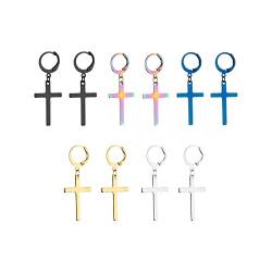 5 Paare Schmuck Unisex Creolen, Edelstahl Klassisches Kreuz Ohrringe Ohrstecker Ohrhänger Ohr-Piercing für Herren Damen, Schwarz Gold Silber Blau Bunt von LONSVTTU