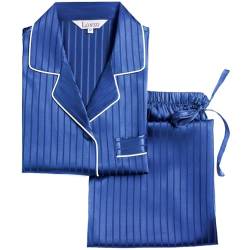 LONXU Damen-Pyjama-Set, Seidensatin, Button-Down, Nachtwäsche, Loungewear, Größe XS ~ 3XL, Blau / S gestreift, Größe L von LONXU