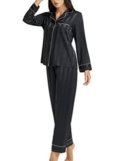 LONXU Damen-Pyjama-Set, Seidensatin, Knopfleiste, Nachtwäsche, Loungewear, XS~3XL, Schwarz gestreift, XL von LONXU