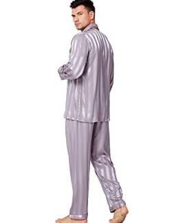 Lonxu Herren-Pyjama-Set, seidiges Satin, Schlafanzug, Loungewear, gestreift, S-4XL Gr. L, Grau gestreift von LONXU