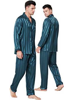 Lonxu Herren-Pyjama-Set, seidiges Satin, Schlafanzug, Loungewear, gestreift, S-4XL Gr. L, Grün / gestreift von LONXU