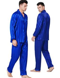 Lonxu Herren-Pyjama-Set, seidiges Satin, Schlafanzug, Loungewear, gestreift, S-4XL Gr. XL, Königsblau gestreift von LONXU