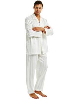 Lonxu Herren-Pyjama-Set, seidiges Satin, Schlafanzug, Loungewear, gestreift, S-4XL Gr. L, Weiß gestreift von LONXU