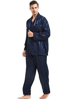 Lonxu Herren Schlafanzug-Set, Seide, Satin, gestreift, S-4XL Plus Gr. M, Marineblau gestreift von LONXU