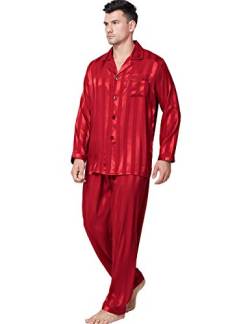 Lonxu Herren-Pyjama-Set, seidiges Satin, Schlafanzug, Loungewear, gestreift, S-4XL Gr. XL, Rot gestreift von LONXU