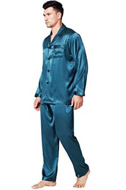 Lonxu Pyjama-Set Herren Seide Satin Pyjama Langarm Loungewear Zweiteilige Nachtwäsche Button-Down Pyjama-Set S-XXXXL, Grün , 4X-Large von LONXU