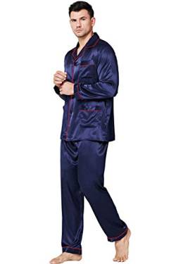 Lonxu Pyjama-Set Herren Seide Satin Pyjama Langarm Loungewear Zweiteilige Nachtwäsche Button-Down Pyjama-Set S-XXXXL, marineblau / rot, XXX-Large von LONXU