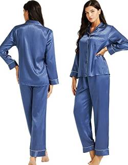 Lonxu Seidensatin-Damen-Pyjama-Set, Knopfleiste, Nachtwäsche, Loungewear, Größe XS~ 3XL, Blau Größe S gestreift, Größe XL von LONXU