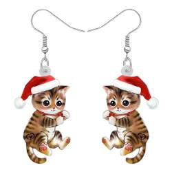 LONYOO Neuheit Anime Katze Weihnachten Ohrringe Dangling Acryl Rot Santa Hut Kätzchen Schmuck Mädchen Frauen Geschenke für Weihnachten (Braun) von LONYOO