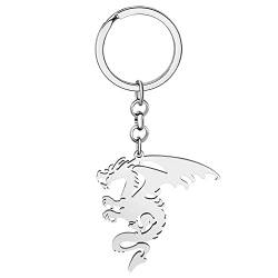 LONYOO Walisischer Drache Schlüsselanhänger Edelstahl Fantasie Drachen Dinosaurier Geschenke für Frauen Mädchen Autoschlüssel Charms (Versilbert) von LONYOO