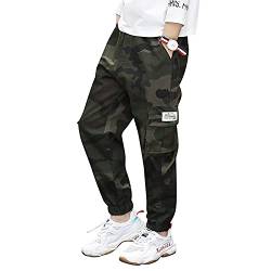 LOOU Cargohose Jungen mit Mehreren Taschen Jogginghose Freizeithose für Kinder Jungen Schwarz/Grau/Khaki/Tarnung (Dschungeltarnung,152-158) von LOOU