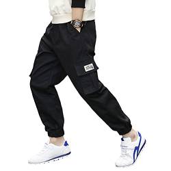 LOOU Cargohose Jungen mit Mehreren Taschen Jogginghose Freizeithose für Kinder Jungen Schwarz/Grau/Khaki/Tarnung (Schwarz,170-176) von LOOU