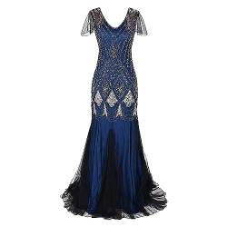 LOPILY Abendkleid Damen 20er Jahre Charleston Partykleid Perlendruck Paillettenkleider Glitzer Festlich Damenkleid Karneval Fasching Kostüm Vintage Cocktail Kleider Flapper Fransenkleid (Z1-Blue, L) von LOPILY