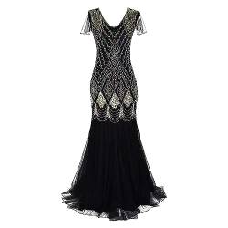 LOPILY Abendkleid Damen 20er Jahre Charleston Partykleid Perlendruck Paillettenkleider Glitzer Festlich Damenkleid Karneval Fasching Kostüm Vintage Cocktail Kleider Flapper Fransenkleid (Z1-Gold, XXL) von LOPILY