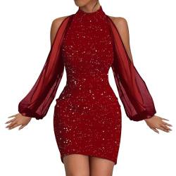 LOPILY Abendkleid Damen Glitzer Pailletten Wickelkleid Tief V Ausschnitt Schöne Dekolleté Elegant Cocktailkleider Edel Minikleid Party Outfits Frauen Festliche Kleider für Standamt (Y3-Red, M) von LOPILY