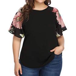 LOPILY Blumen Gedruckte Oberteile Lotus Muster Bluse mit Rüschen Ärmel Elegante Sexy Tunika Große Größen Oberteile für Hochzeitsgast Vintage Retro Bluse für Abendessen Festliche Tunika (Schwarz, 50) von LOPILY