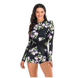 LOPILY Blumendruck Badeanzug Damen mit Bein Einteiler Schwimmanzug Sportlich Bikini Boho Langarm Rashguard Sportlich Bademode Mädchen Strandmode UV Anzug Badeshirt Kinder (Schwarz, M) von LOPILY