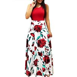 LOPILY Damen Sommerkleider Böhmischen Strand Blumendruck Bodenlänge Maxikleid Abendkleider Herrlich Blüte Drucken Hoher Taille Kleider Partykleid Sommer T-Shirt Kleid(Rot,DE-44/CN-2XL) von LOPILY