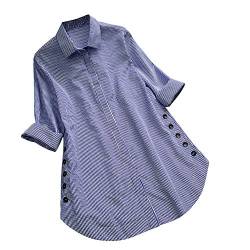 LOPILY Damen T-Shirt Umlegekragen Langarm Raster Taste Sommer FrüHling Tops Hemd Lose Plus GrößE Bluse（Blau，DE-52/CN-4XL） von LOPILY