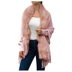 LOPILY Damen Umhang Strick Poncho Damen mit Kunst Fell Quaste Häkel Strickjacke Elegante Boleros Damen Einfarbige Strickschal Herbst Winter Feinstrick Umhang Damen Umhängetuch Tunika Ärmellos (Rosa) von LOPILY