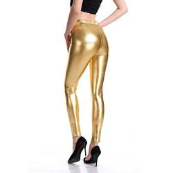 LOPILY Hose Damen Metallisch Kunstlederhosen Lackleder Optik Leggings mit Hohen Bund Elastische Leggins Flüssigkeit Metallic Stretchhosen Glänzend Latex Lederrimitat Strumpfhose Wet-Look (Gold, XL) von LOPILY