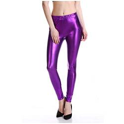 LOPILY Hose Damen Metallisch Kunstlederhosen Lackleder Optik Leggings mit Hohen Bund Elastische Leggins Flüssigkeit Metallic Stretchhosen Glänzend Latex Lederrimitat Strumpfhose Wet-Look (Lila, M) von LOPILY