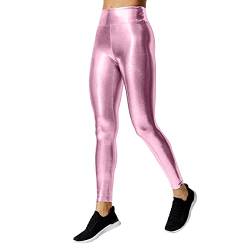 LOPILY Hose Damen Metallisch Kunstlederhosen Lackleder Optik Leggings mit Hohen Bund Elastische Leggins Flüssigkeit Metallic Stretchhosen Glänzend Latex Lederrimitat Strumpfhose Wet-Look (X3-Pink, M) von LOPILY