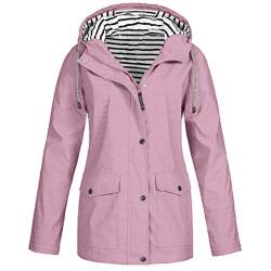 LOPILY Jacke Damen Atmungsaktiv Winddicht Windjacke Gestreifte Kapuze Windjacke Herbst Sportliche Übergangsjacke Regenmantel Kapuzenjacke Outdoorjacke für Camping Wanderjacke (Wassermelonenrot, 38) von LOPILY