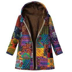 LOPILY Jacke Damen Boho Bunt Mantel mit Innenfleece Winterjacke Damen Warm Lang Bunt Hippie Blumendruck Übergangsjacke mit Reißverschluss Fleece Kapuzenjacke Große Größen Vintage Parka (Orange, 5XL) von LOPILY