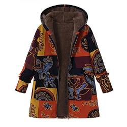 LOPILY Jacke Damen Boho Bunt Mantel mit Innenfleece Winterjacke Damen Warm Lang Bunt Hippie Blumendruck Übergangsjacke mit Reißverschluss Fleece Kapuzenjacke Große Größen Vintage Parka von LOPILY