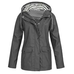 LOPILY Jacke Damen Gestreifte Wasserdichter Regenmantel Fieldjacke Damen Winddichte Winterjacke Parka Damen Herbst Kapuze Outdoorjacke Wetterfest Windbreaker Übergangsjacke Winter (Grau, 36) von LOPILY