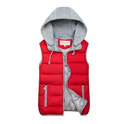 LOPILY Jacke Damen Kapuzenweste Warm Farbblock Winterjacke Ärmellose Steppweste Damen Sportliche Sweatjacke Ourdoor Weste mit Kapuze Solide Übergangsjacke Winter (Rot, 40) von LOPILY