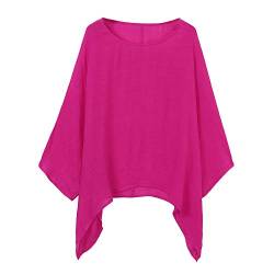 LOPILY Oversize Leinen Oberteile Damen Große Größen Asymmetrische Bluse Federmausärmel Tunika Urlaub Unregelmäßige Saum Shirts Langarmshirts Herbst Lose Lässige Bluse Gr.56 54 52 (Hot pink, 50) von LOPILY