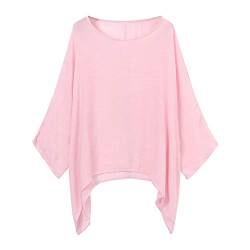 LOPILY Oversize Leinen Oberteile Damen Große Größen Asymmetrische Bluse Federmausärmel Tunika Urlaub Unregelmäßige Saum Shirts Langarmshirts Herbst Lose Lässige Bluse Gr.56 54 52 (Rosa, 48) von LOPILY