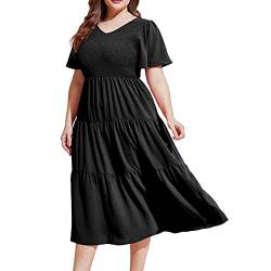 LOPILY Retro Sommerkleid Damen Große Größen Kurzarm V-Ausschnitt Maxikleid Kimonokleid Übergrößen Wickelkleid Blumen Druckkleid Freizeit Kleid Hohe Taillen Kleid von LOPILY