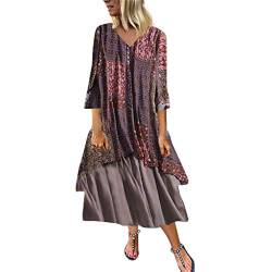 LOPILY Sommerkleid Damen Große Größen Hippie Kleid Boho Strandkleid Langarm Maxikleid Blumen Druckkleid Freizeit Leinenkleid Retro Kleid für Reise Übergrößen bis 5XL (Rot, DE-56/CN-5XL) von LOPILY