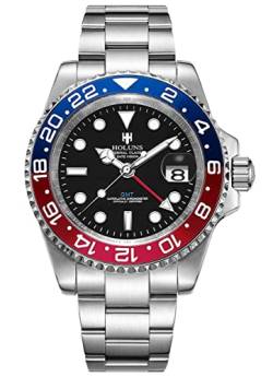 Luxus Herren GMT Automatikuhr Saphir Wasserdicht Edelstahl Leuchtende Business Uhr, rot, blau, Luxuriös und erschwinglich: von LOREO