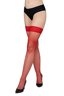 LORES Damen Fischnetz-Strümpfe mit Spitzen-Netzmuster, hohe Strumpfhose über dem Knie, Burlesque, Rossa, XS/S von LORES