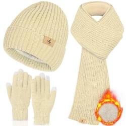 Winter Warme Mütze Schal und Touchscreen Handschuhe Set, Fleece Knit Beanie Mütze Halswärmer Langer Schal Winterhandschuhe für Frauen, Beige, 8.86*8.86 inch von LOROME