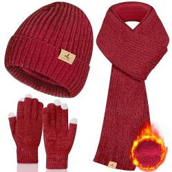 Winter Warme Mütze Schal und Touchscreen Handschuhe Set, Strickmütze Halswärmer Langer Schal Winterhandschuhe für Damen Herren, Weinrot, 8.86*8.86 inch von LOROME