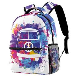 LORVIES Hippie Vintage Auto Aquarell Peace Zeichen Casual Rucksack Schulterrucksack Büchertasche für Schule Studenten Reisetaschen von LORVIES