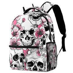Lorvies Rucksack mit Totenköpfen und rosa Kirschblüten, lässiger Rucksack, Schulterrucksack, Büchertasche für Schule, Studenten, Reisetaschen von LORVIES