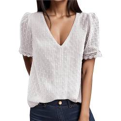 Bluse Damen Elegant -Spitzen Oberteile Damen Sommer Tshirt Kurzarm V Ausschnitt Tunika Tops mit Spitze Einfarbig Oberteil Vintage Spitzenbluse Lockeres Shirts T-Shirt Blusen & Tuniken für Frauen von LOSSLO