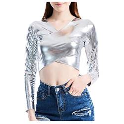 Damen Crop Tops Langarm,Metallic Oberteile Damen Langarmshirt V-Ausschnitt T Shirt Bauchfreies Top Oberteil Party Cropped Tee Shirts Slim-Fit Tunika Festliche Blusen Clubwear für Frauen von LOSSLO