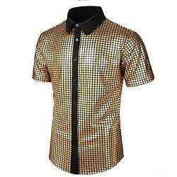 Disco Hemd Herren 70er,Pailletten Kleid Hemd Kurzarm Metallic Glänzend Anzug Lose Discs Schlagermove Party Shirt Mode Disco-Hemd Männer 80er Jahre Kleidung Mottoparty Nachtklub Karneval Kostüm von LOSSLO